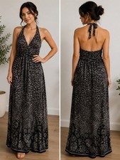 Leopard Print Halter Maxi Dress Women s Size L Gray Black Animal Print Backless
