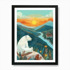 Polar Bear Looking At A Sunset From Framed Wall Art Poster Canvas Print Picture