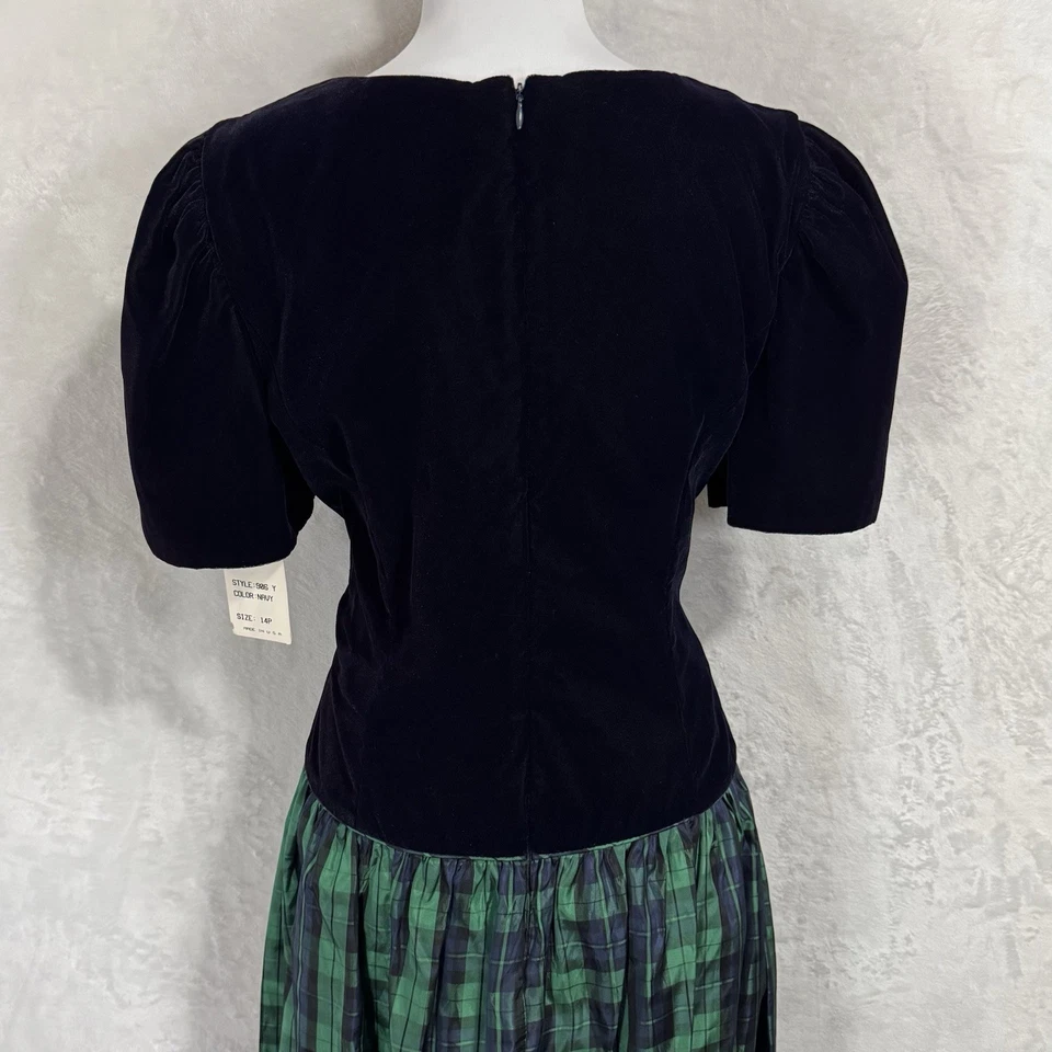 NUEVO Vestido Midi Vintage Verde Tartán Cuadros Talla 14 P Azul Marino Terciopelo Tafetán Vacaciones Foto 3 de 4