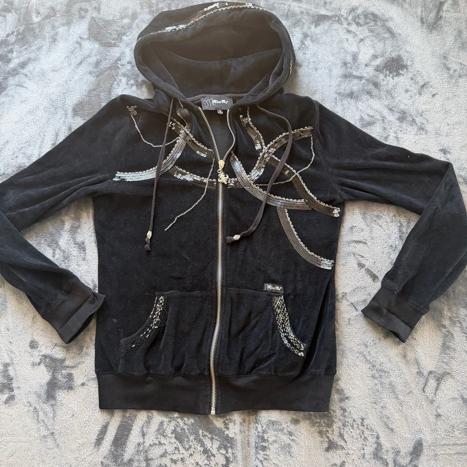 Miss Me Black Velour Sequin Chain Embellished Zip Up Hoodie Size S