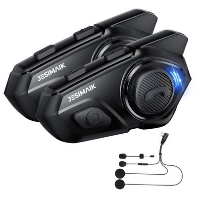 JESIMAIK Motorcycle Helmet Bluetooth Headset, 10 Way 2KM 2 Pack, Black