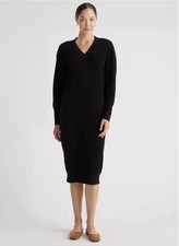 NWT Quince Mongolian Cashmere V-Neck Midi Sweater Dress Black, Size XS