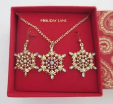 Holiday Lane Necklace Snow Flake Pendant Earrings Gold Tone Jewelry Gift Macy's
