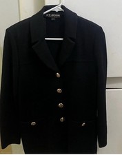 St John Basics Black Knit Cardigan Jacket Gold Buttons Sz 4 with Skirt Sz 12