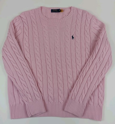 Polo Ralph Lauren Pullover rosa Zopfmuster Rundhals schwerer Strick Gr. Large Baumwolle