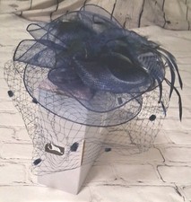 Women's Navy Blue Fascinator Hat Feathers and Veil w/clip
