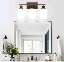 Vanity Light Fixture Bathroom 3 Milky White Glass Shades Brown Gold Finish NIB