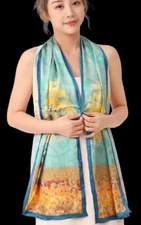 100% Silk mulberry Scarf Women neckerchief Shawl Wrap Floral blue yellow MY193