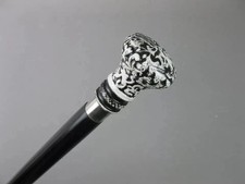 Vintage Black Walking Cane with Ornate Silver Knob Handle   Decorative Gentleman