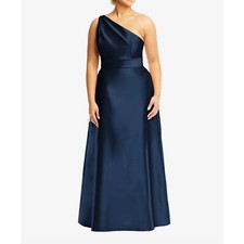 Alfred Sung Draped One Shoulder Satin Maxi Dress in Midnight Navy Blue Sz 2 D815