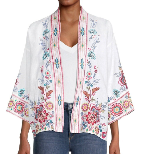 Johnny Was XL Sicilia Kimono 100% Linen Boho Floral Embroidered White - Picture 8 of 10