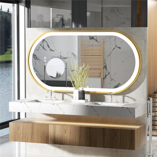 Illuminated LED Bathroom Mirror Brushed Gold Aluminum Frame Vanity Makeup Mirror - Picture 4 of 45