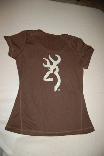 Womens Performance Tee Shirt BROWN S/S Browning Logo on Back DEER BUCK M 8-10 - Picture 2 of 2