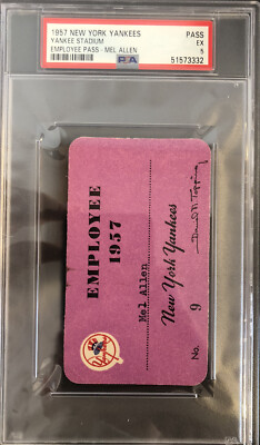 1957 MEL ALLEN YANKEES ANNOUNCER PASS MANTLE CYCLE/MARIS NYY STADIUM DEBUT  PSA