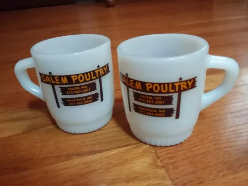 Set of 2 Anchor Hocking Fire King Salem Poultry Coffee Cups Mugs Advertising