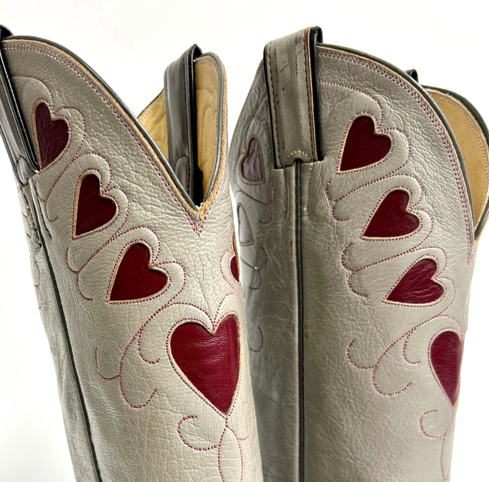 Vtg Gray + Burgundy Red Cowboy Boots with Hearts By Justin Size 5.5 - Image 4 of 4