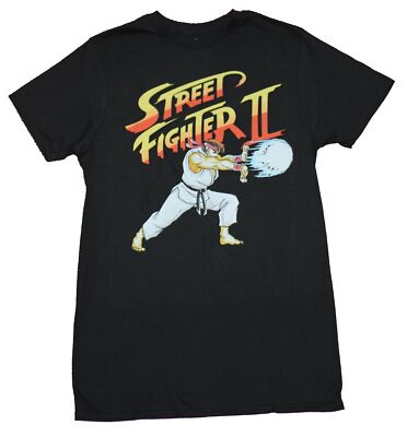 Street Fighter II Adult New T-Shirt - Ryu Hadouken Throwing Under Logo Pic