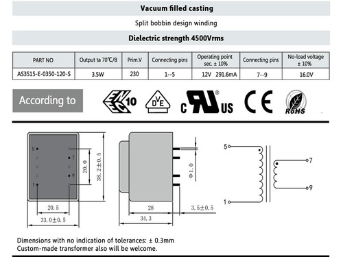 Printtrafo 230V AC 12V AC Encapsulated Transformer AS3515-E-0350-120-S - Bild 3 von 3