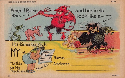 Vintage Devil Funny Humor Snake Elephant Fantasy Bird Drinking Linen Postcard