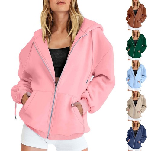 Women's Solid Color Long Sleeve Oversized Zip Up Hoodie Sweatshirt Jacket S-5XL