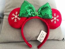 Disney Parks RED Christmas Minnie Mouse Green Bow Sequins Ear Headband Ears