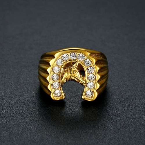 CZ Inlay Lucky Horseshoe Ring Stainless Steel Men's Retro Biker Horse Head Ring - Picture 4 of 9