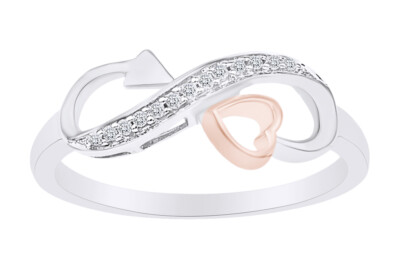 Round Natural Diamond Accent Two Tone Infinity Bow & Heart Ring Sterling Silver