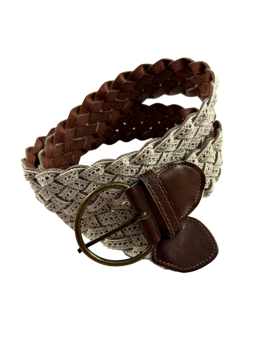 Womens Braided White Crochet Belt Brown Faux Leather One 