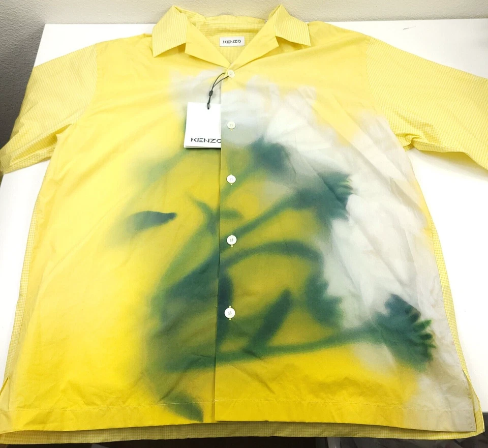 $390 KENZO 棉花卉和格子印花纽扣露营衬衫男式 S 码 — 第 4/4 张图片