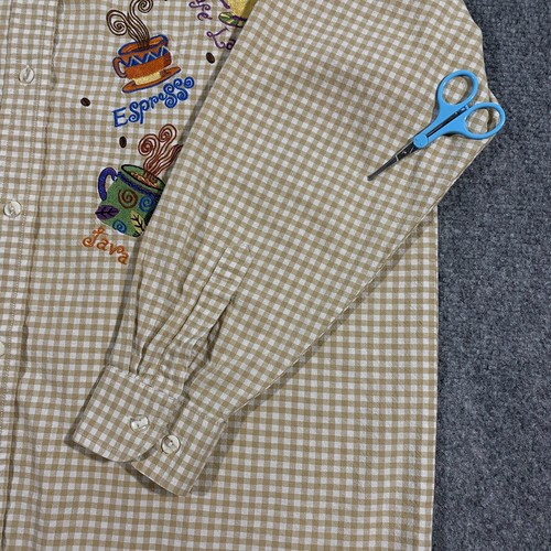 VINTAGE Casey Coleman Embroidered Coffee Shirt Womens S/M Small Medium Gingham - Picture 15 of 24