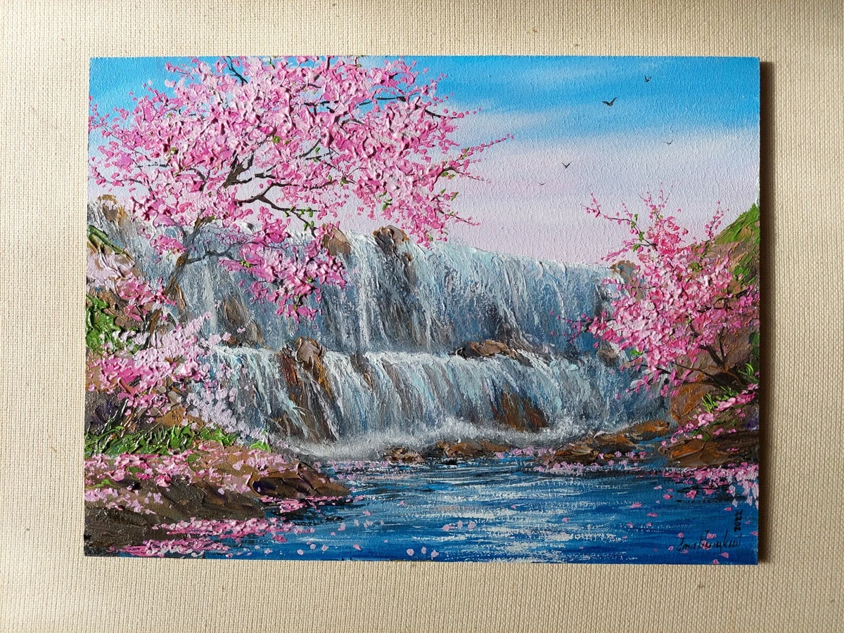 Waterfall near cherry blossoms high quality oil painting pink sakura flower art