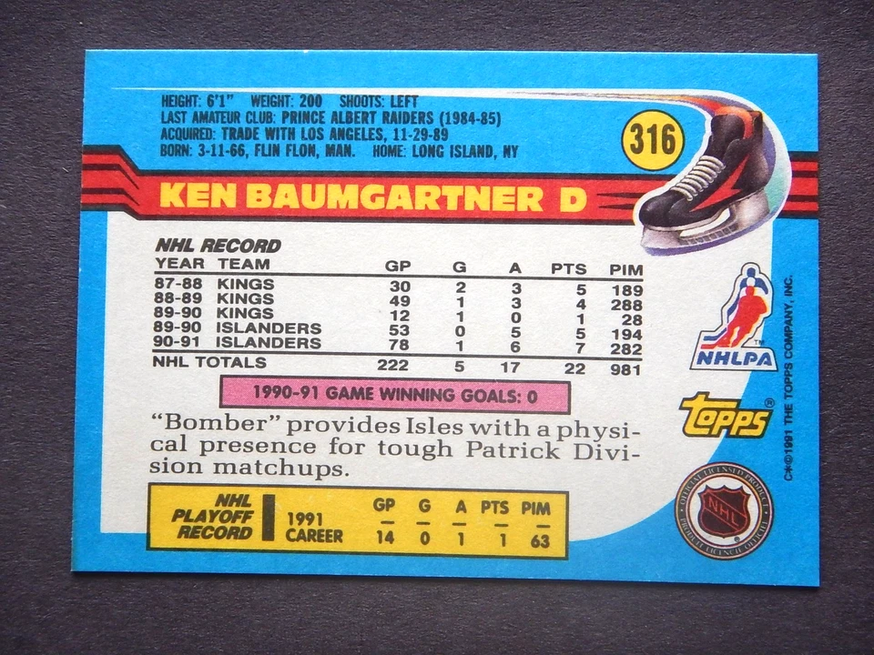 Ken Baumgartner #316 Topps 1991 Hockey Card (New York Islanders) - Image 2 of 2