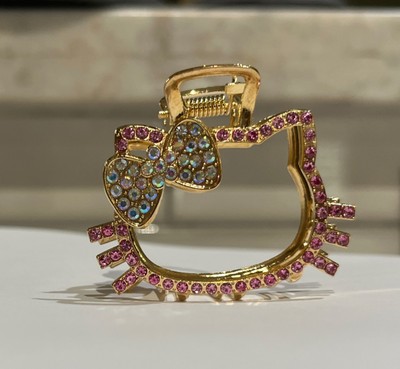 Hello Kitty Hair Clip Gold  W/pink Rhinestone Hair Pin Sparkle Jaw Bow Hair Claw