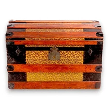 Curved Top Brown Acorn on Mustard Embossed Steamer Trunk Antique 1891