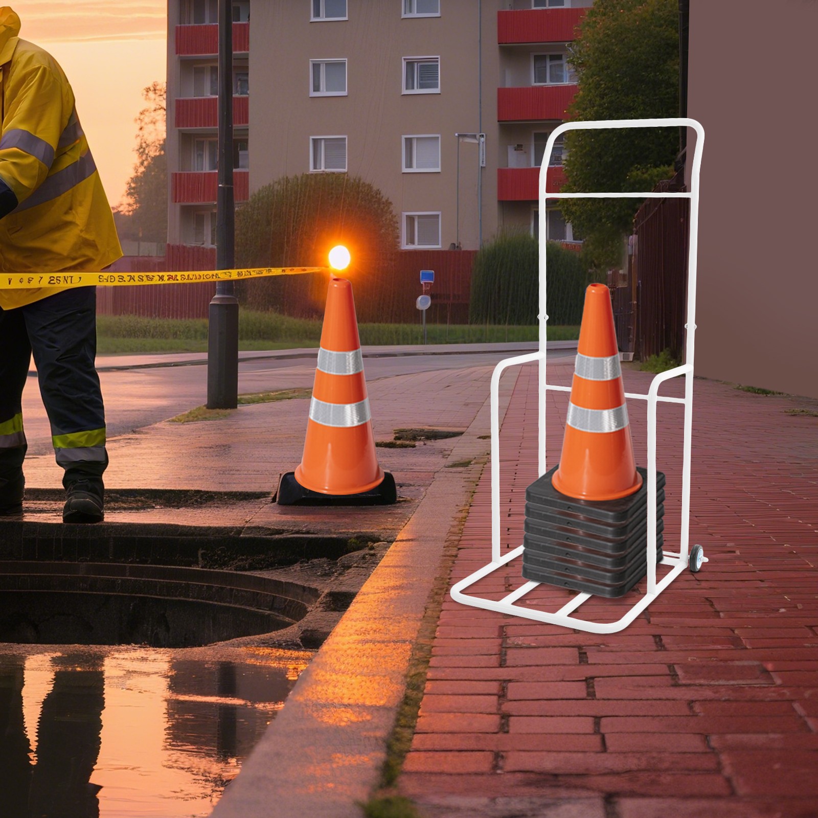 Traffic Cone Cart, White Traffic Cones Holder With Wheels, Iron Traffic Cone Car