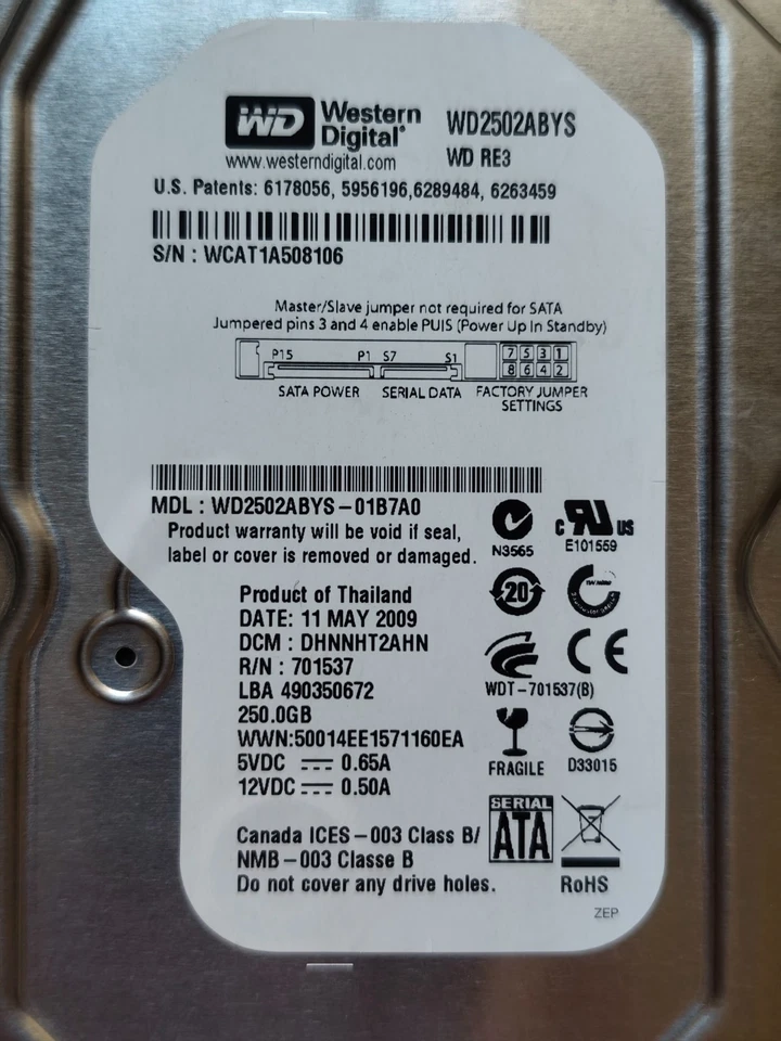 Western Digital WD2502ABYS -01B7A0 250GB 3,5" HDD Festplatte 7200rpm 16MB - Bild 3 von 4