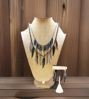 WESTERN PEAK   Boho Tritone 12''L Necklace, Metal Feathers 2.5''L Earrings Ma2 