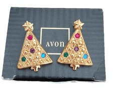 Vintage 1992 Avon Tree Dangle Rhinestone Christmas Pierced Earrings w/Box