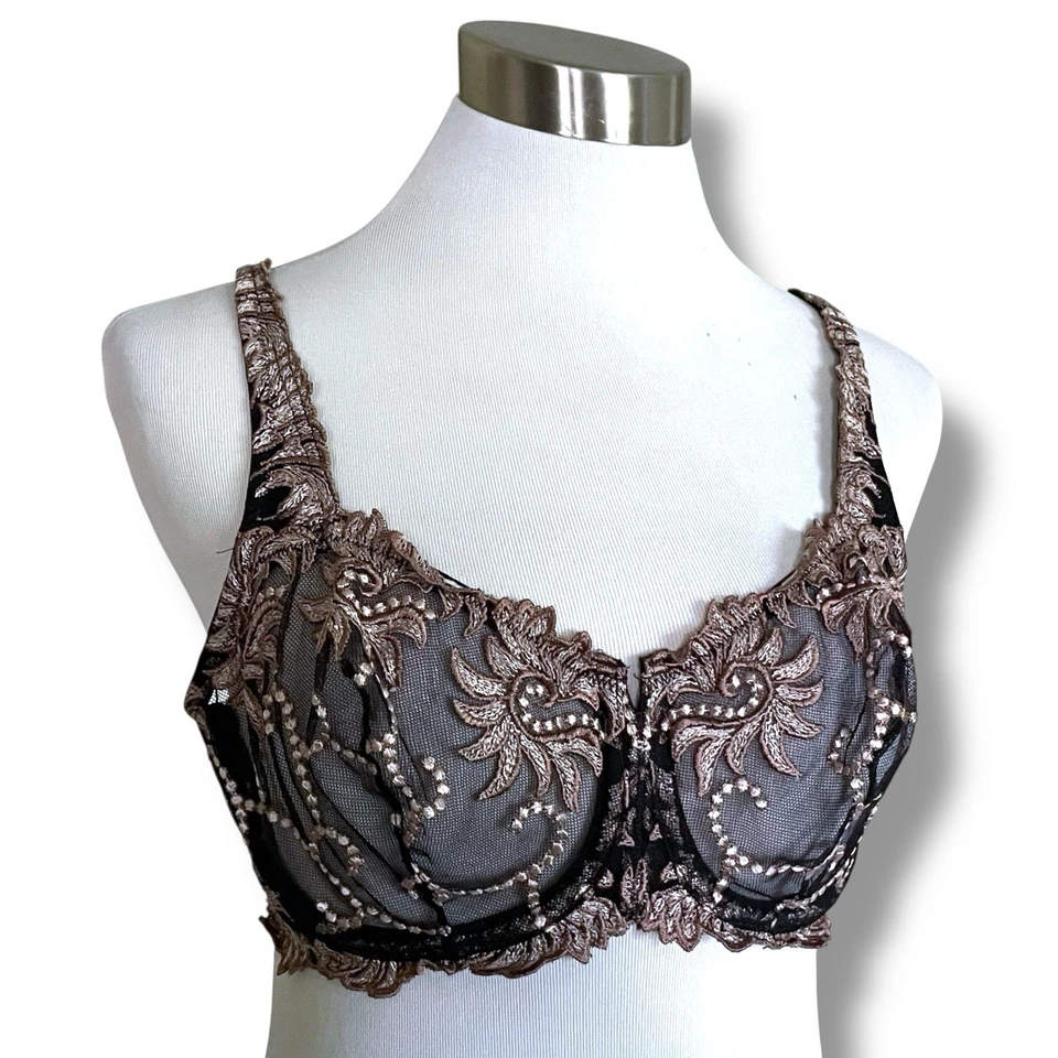 Lunaire 36D 胸罩黑色灰褐色塞维利亚刺绣钢圈透明蕾丝网眼 14011 — 第 3/4 张图片