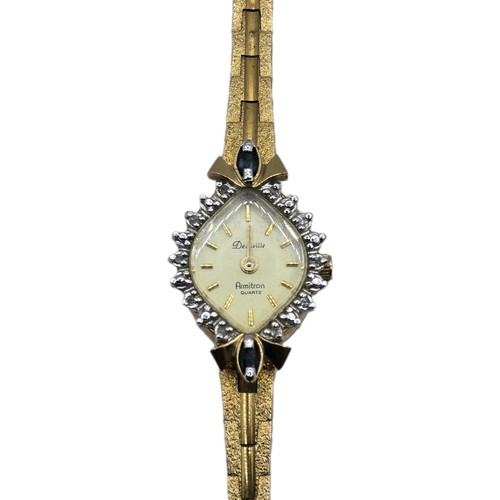 Vtg Deauville Armitron Ladies Watch Gold Tone Diamond & Blue Gem 6.5" -RUNS - Picture 2 of 12