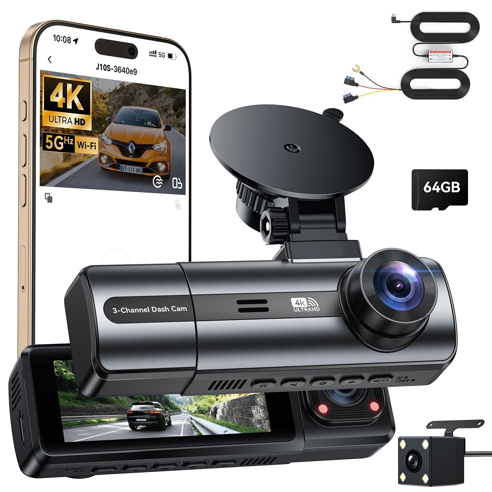BKXCHA Dashcam 4K 3-Canali, 3,17" Display IPS Dash Cam, Telecamera Auto con WiFi