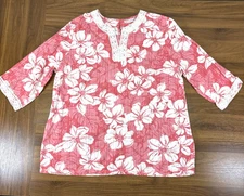 Rebecca Malone Red & White Crochet Trim Floral Relaxed 3/4 Slv Shirt Size XL