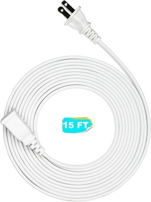 15FT White Flat and Thin 2 Prong Long Extension Cord for Indoor/Outdoor Use for