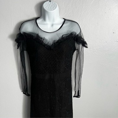 Dark Academia Black Lace Mesh Ruffle Maxi Dress Long Sleeve Evening Gown 4