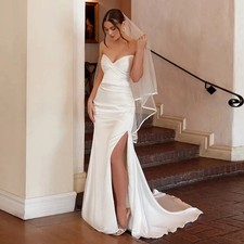 Simple Wedding Dress Mermaid High Slit Sleeveless Button Sweetheart Bride Gowns