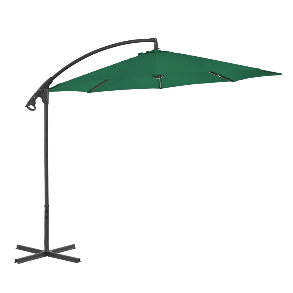 Parasol excentré 300cm vert Hellosho mât acier pour ombrager sans encombrer la table