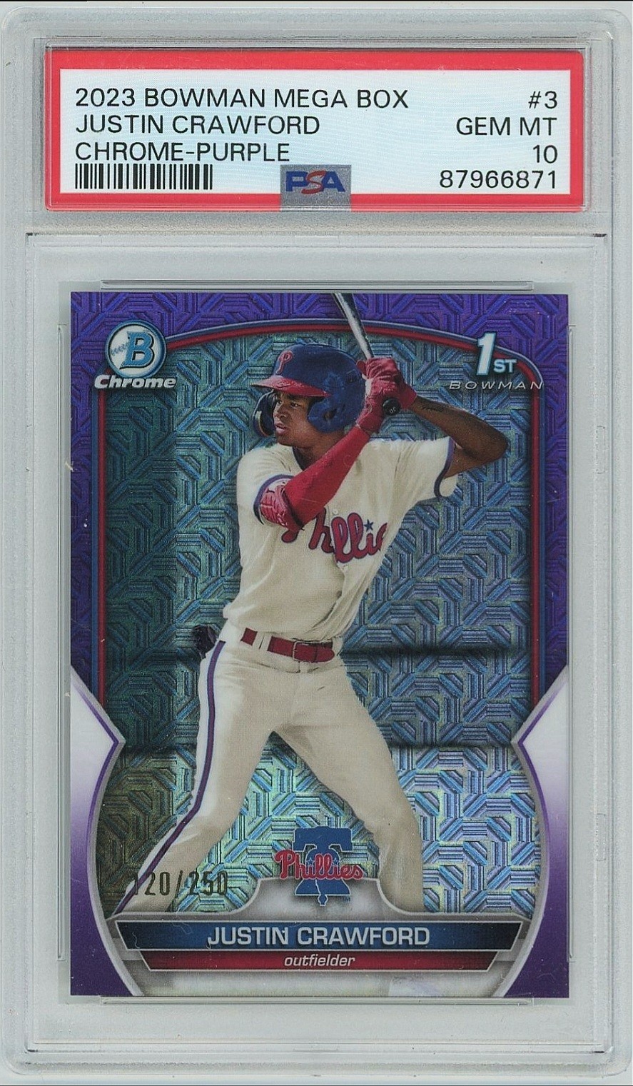 Topps 2023 Bowman Chrome Justin Crawford BCP-3 Purple Mojo /250 Rookie