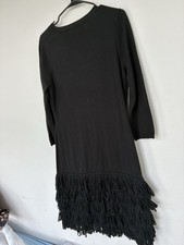 Calvin Klein Black Solid Knit Sweater Dress Scoop Neck Fringe Hem 3/4 M