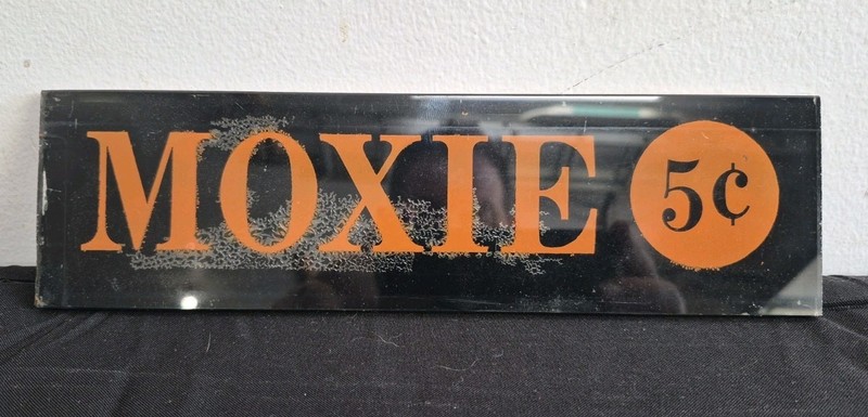 Vtg Moxie 5ç Soda Fountain Reverse Painted Glass Advertising Plaque 10.5"x3" NR