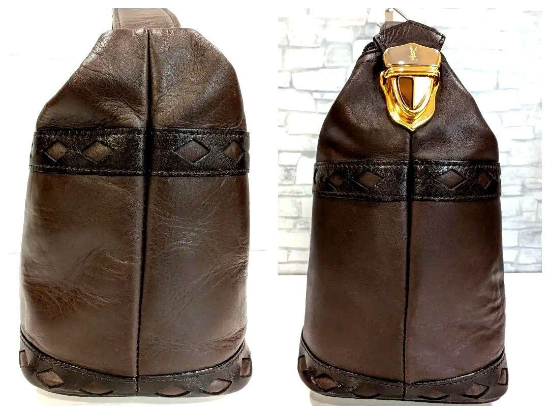 Borsa a mano YVES SAINT LAURENT YSL logo raccordi metallo pelle marrone vintage usata
